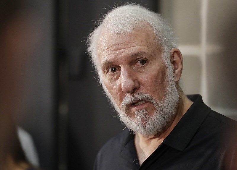 
              FILE - In this Sept. 25, 2017, file photo, San Antonio Spurs head coach Gregg Popovich answers questions during media day at the team's practice facility in San Antonio. Trump told The Nation magazine on Oct. 16, 2017, that President Donald Trump “a  soulless coward who thinks that he can only become large by belittling others” in response to Trump’s comment Monday that former President Barack Obama and other commanders-in-in chief “didn’t make calls” to families of fallen soldiers. Former Obama staffers and a spokesman for former President George W. Bush pushed back on Trump’s comments. The White House press secretary said that Trump wasn’t criticizing his predecessors. (AP Photo/Eric Gay, File)
            