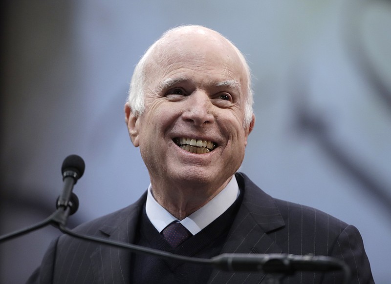 Sen. John McCain, R-Ariz., receives the Liberty Medal from the National Constitution Center in Philadelphia, Monday, Oct. 16, 2017. The honor is given annually to an individual who displays courage and conviction while striving to secure liberty for people worldwide. (AP Photo/Matt Rourke)