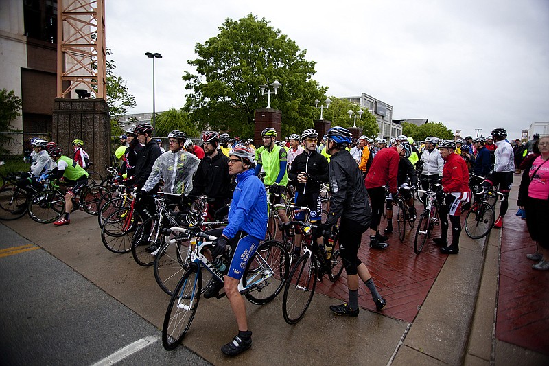 Riders wait for the start of the 26th Annual 3 State 3 Mountain Challenge, presented by Village Volkswagen of Chattanooga and the Chattanooga Bicycle Club on May 4, 2013. The race featured a 100, 83, and 67 mile route.