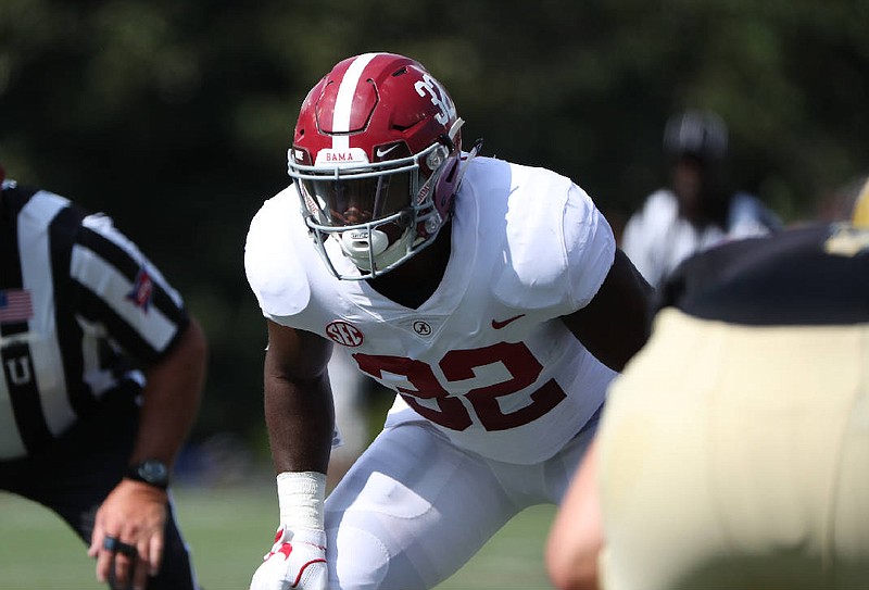 Alabama coach Nick Saban said after Wednesday's practice that he still doesn't believe senior linebacker Rashaan Evans, pictured, is at 100 percent from the groin injury he suffered in the season opener.