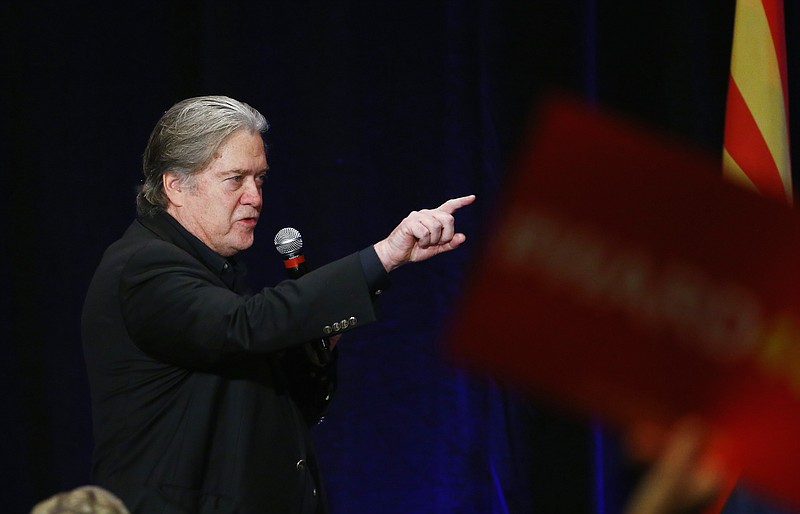 Steve Bannon, former strategist for President Donald Trump, speaks at a campaign rally for Arizona Senate candidate Kelli Ward on Tuesday, Oct. 17, 2017, in Scottsdale, Ariz. Ward is running against incumbent Republican Jeff Flake in next year's GOP primary. (AP Photo/Ross D. Franklin)