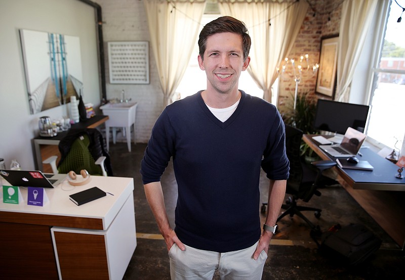 Chris Cummings, the founder of Pass It Down, poses for a photo at his office in Chattanooga, Tenn., Tuesday, Oct. 3, 2017. Pass It Down is a website specializing in archiving people's life stories.