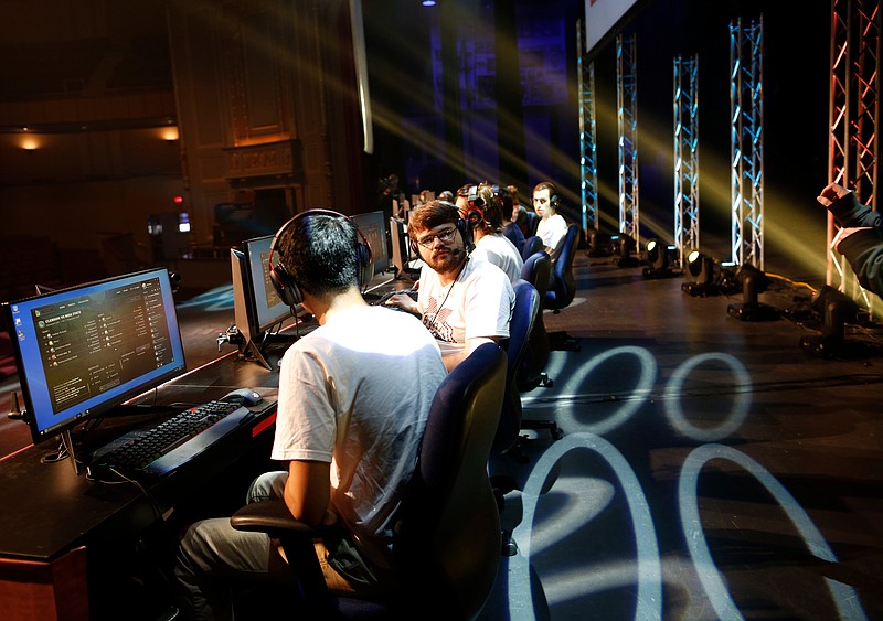 The Mississippi State e-sports team sets up to compete against Clemson during the inaugural TenGIG Festival e-sports collegiate invitational tournament at the Memorial Auditorium on Saturday, Oct. 7, 2017, in Chattanooga, Tenn. The three-day TenGIG Festival featured e-sport competitions, open game play and guest speakers.