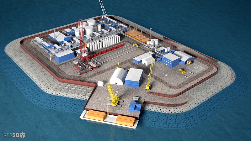 This undated illustration provided by Hilcorp Alaska Inc. shows a model of an artificial gravel island of the Liberty Project, a proposal to drill in Arctic waters from the artificial island. Alaska Natural Resources Commissioner Andy Mack says oil production on gravel islands in state waters show that the Liberty Project can be done safely. Opponents say spills are inevitable and Arctic offshore oil should stay in the ground. (Hilcorp Alaska Inc. via AP)