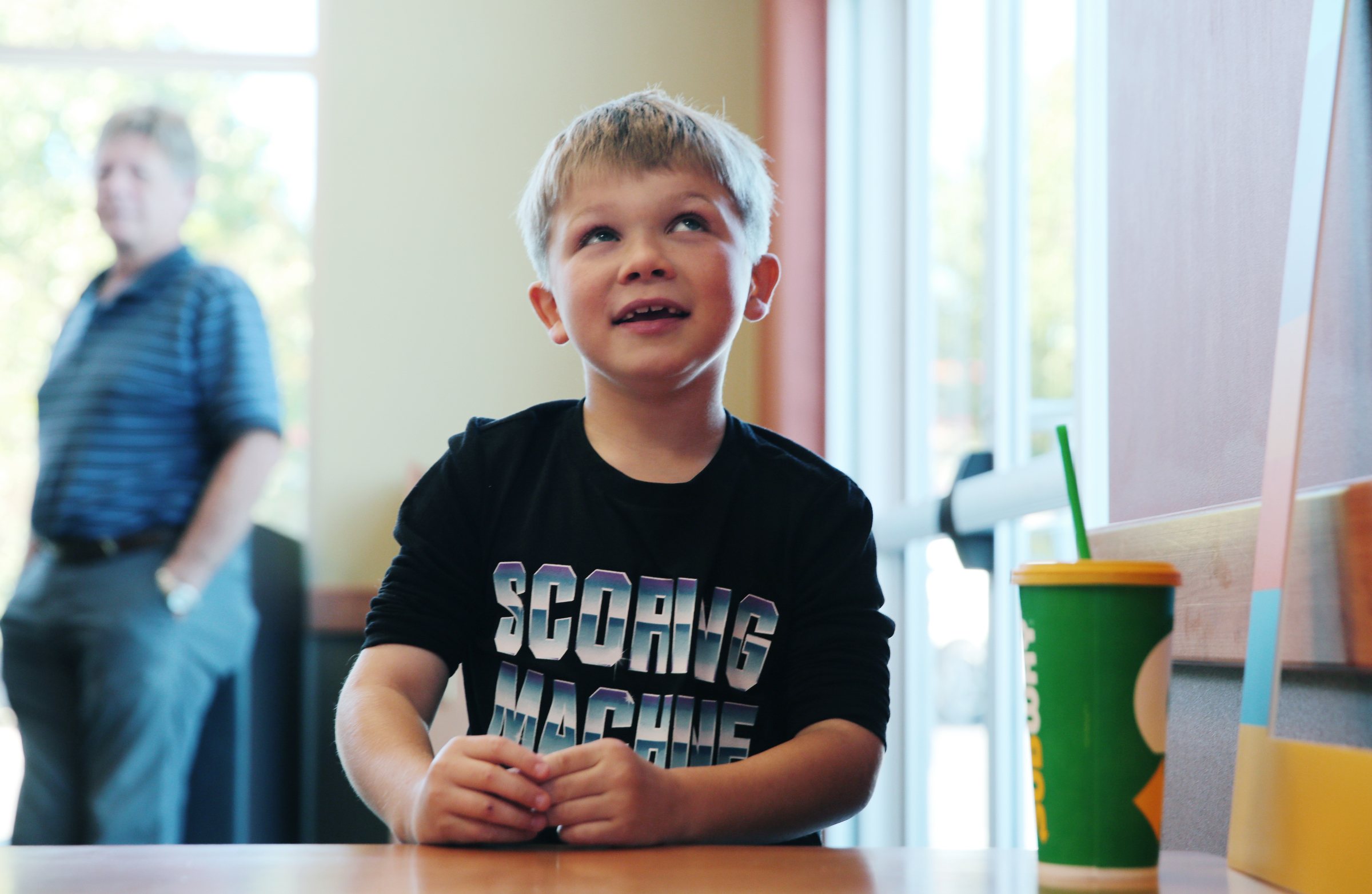 Noah Culberson, 7, thinks about what types of fruits and vegetables he eats at home during a Dynamic Dietetics workshop Monday, Oct. 16, 2017, at Subway in Cleveland, Tenn. Noah and his little brother participated in the workshop Monday.
