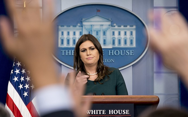 White House press secretary Sarah Huckabee Sanders calls on a member of the media during the daily briefing in the Brady Press Briefing Room of the White House, Friday, Oct. 20, 2017, in Washington. (AP Photo/Andrew Harnik)