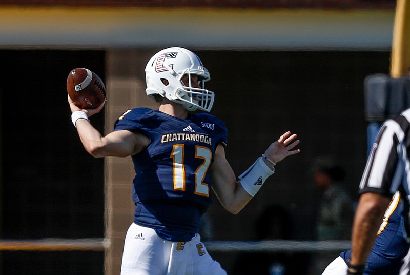 UTC quarterback Cole Copeland (12) passes during the Mocs' home football game against the Citadel Bulldogs at Finley Stadium on Saturday, Oct. 21, 2017, in Chattanooga, Tenn.