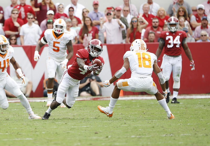 Alabama freshman receiver Jerry Jeudy comes up with a 19-yard catch midway through the second quarter of Saturday's 45-7 thumping of Tennessee.