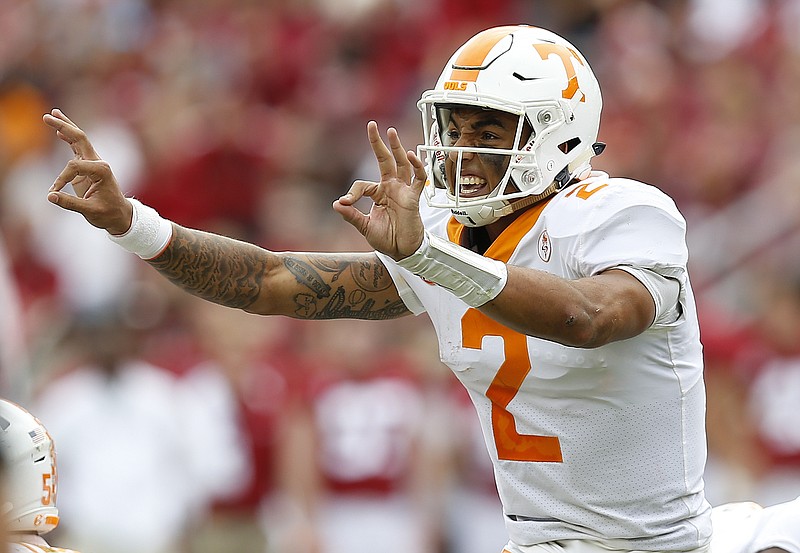 Tennessee quarterback Jarrett Guarantano signals at the line of scrimmage during the first half against Alabama on Saturday.