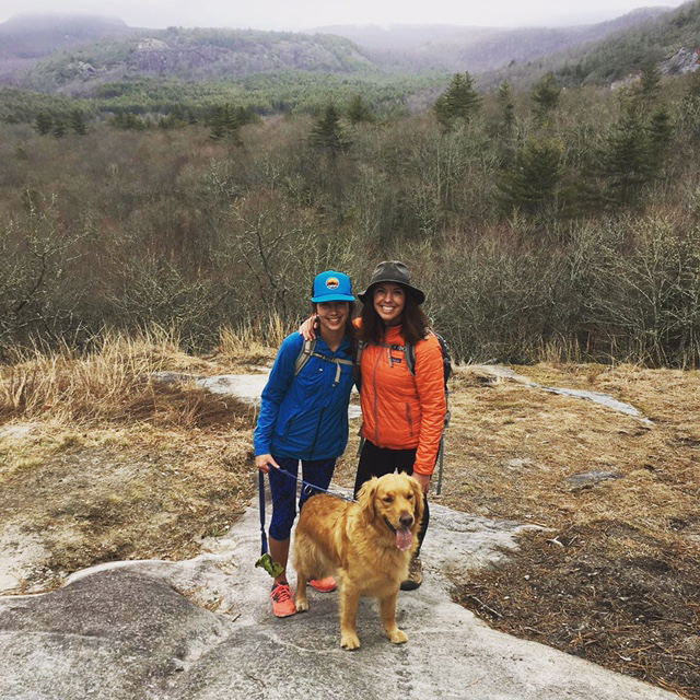 Sisters Mary Burn, left, and Laura Schell, with dog Boone, hit the trails in Panther Town Valley, North Carolina.