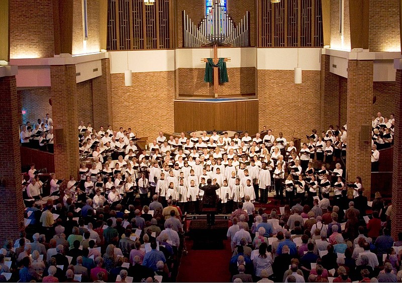 The Chattanooga Boys Choir and adults from area choirs lead congregational singing at a previous Hymn Festival.