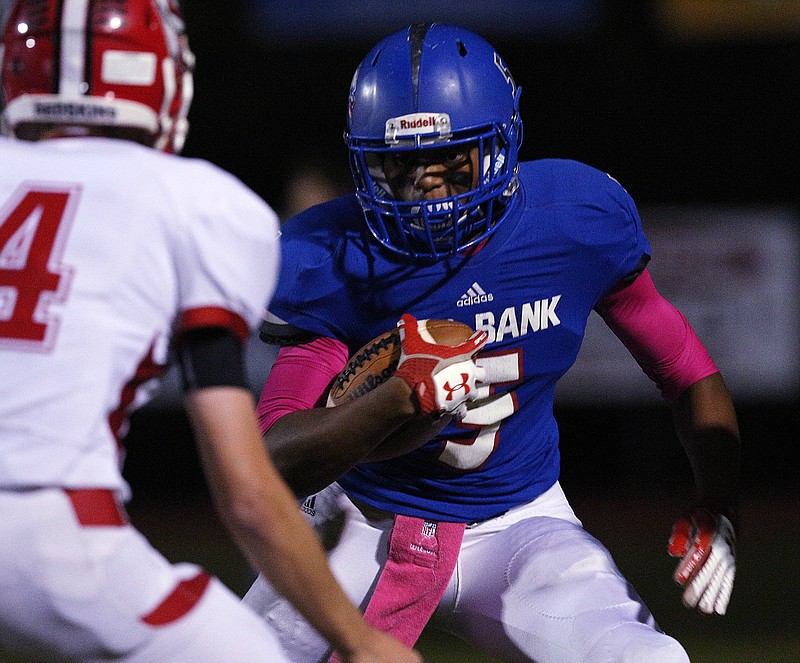 Red Bank wide receiver Calvin Jackson III (5) runs the ball downfield during the Red Bank High School vs. Loudon High School at Red Bank High School Friday, Oct. 27, 2017, in Red Bank, Tenn. 