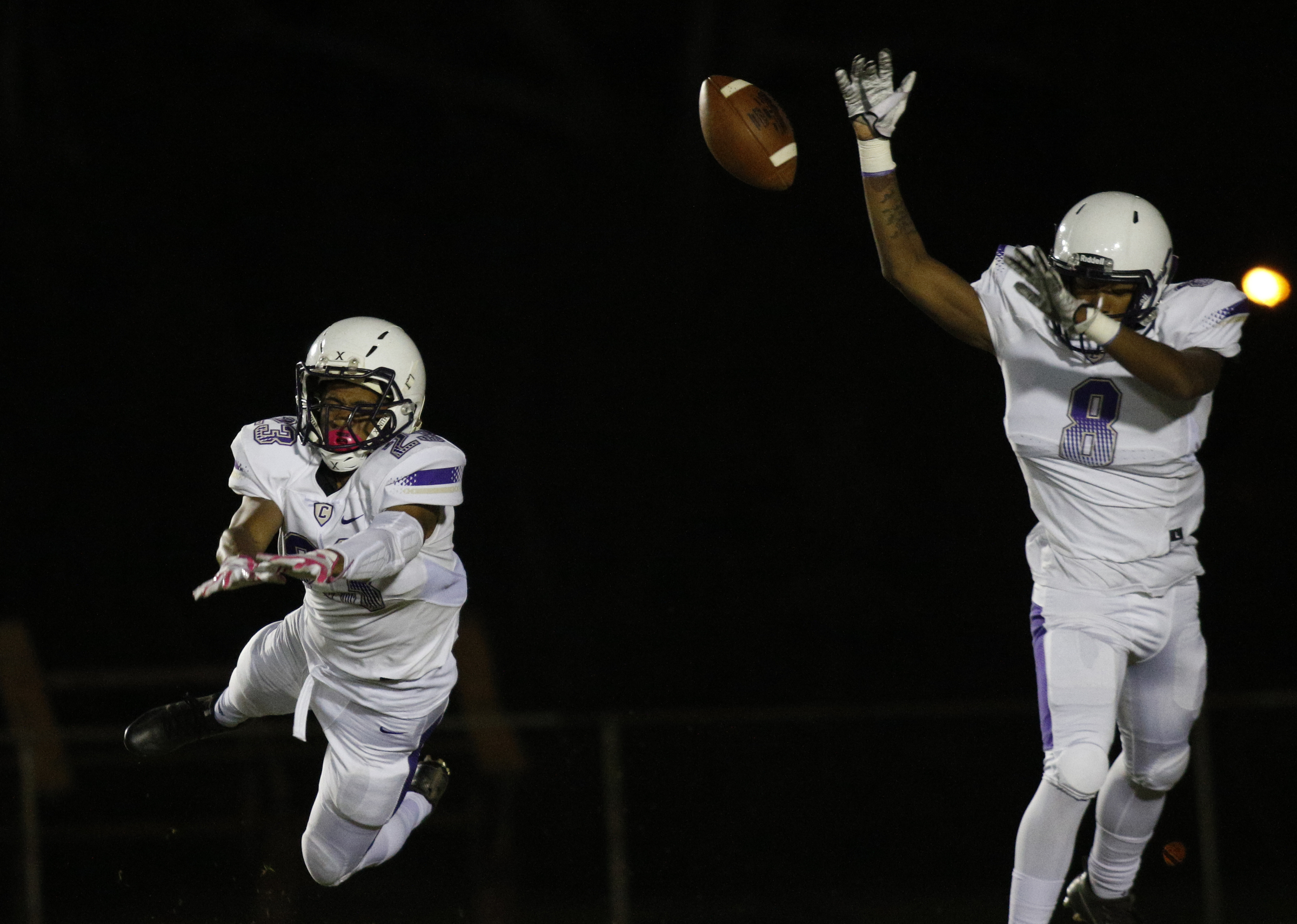 Centralճ Jaren Wilcoxson (8) blocks a Tyner point-after attempt during their prep football game at Tyner High School on Friday, Oct. 27, 2017, in Chattanooga, Tenn.