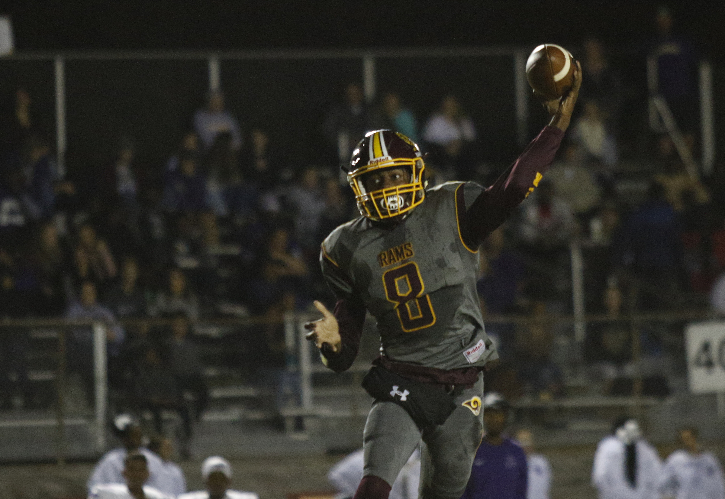 Tynerճ Jaylen Bowens (8) passes during their prep football game against Central at Tyner High School on Friday, Oct. 27, 2017, in Chattanooga, Tenn.