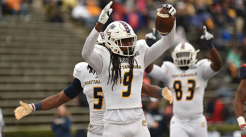 UTC wide receiver Alphonso Stewart celebrates during the Mocs' 23-21 victory over Samford on Saturday.