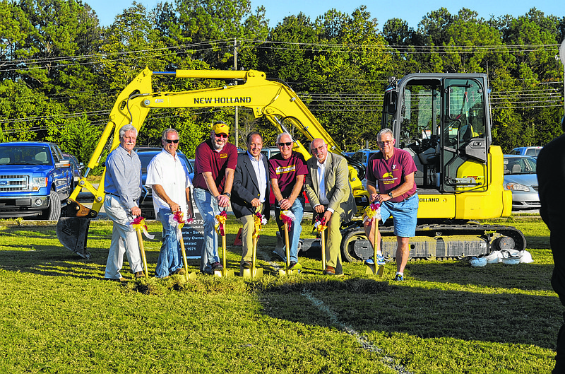 Grace Baptist Academy breaks ground on its new athletic facility. From left are architect Steve Carroll, general contractor Don Ocsai, senior pastor Dr. Benjamin Graham, Headmaster Matt Pollock, Steering Committee Chairman Tom Smith, Director of Advancement Les Compton and Grace School Board Chairman Tom Crum. (Contributed photo)