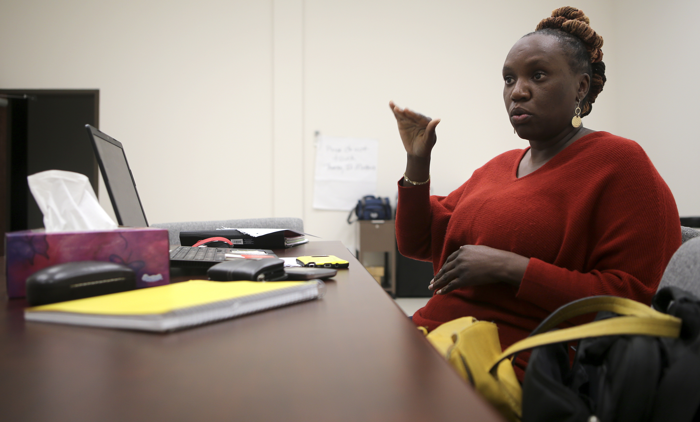 Katherlyn Geter, the Get Covered Tennessee navigator for the Chattanooga area, talks to the Times Free Press about the Affordable Care Act enrollment process at Mount Canaan Baptist Church on Wednesday, Nov. 1, 2017 in Chattanooga, Tenn.