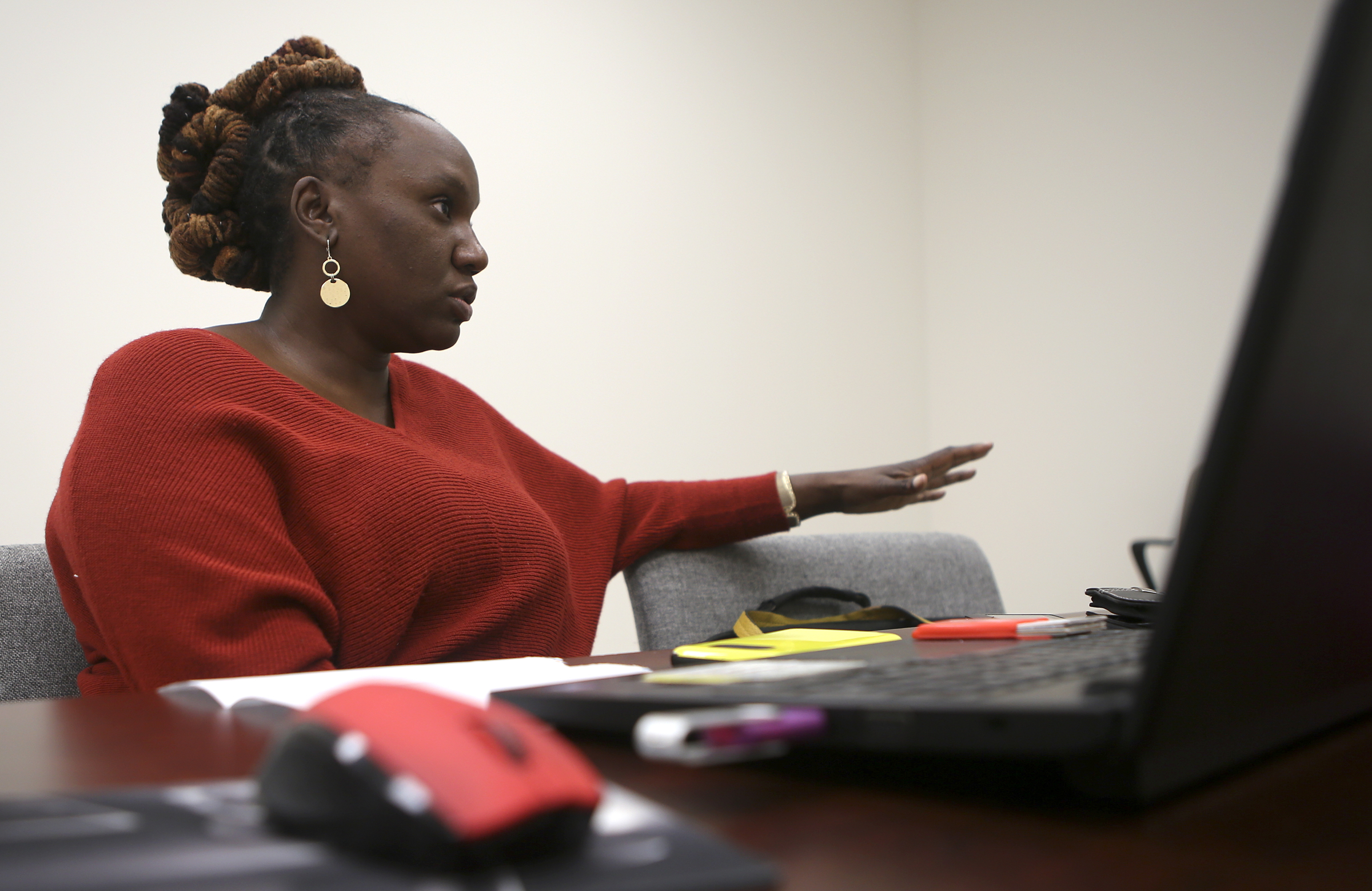 Katherlyn Geter, the Get Covered Tennessee navigator for the Chattanooga area, talks to the Times Free Press about the Affordable Care Act enrollment process at Mount Canaan Baptist Church on Wednesday, Nov. 1, 2017 in Chattanooga, Tenn.