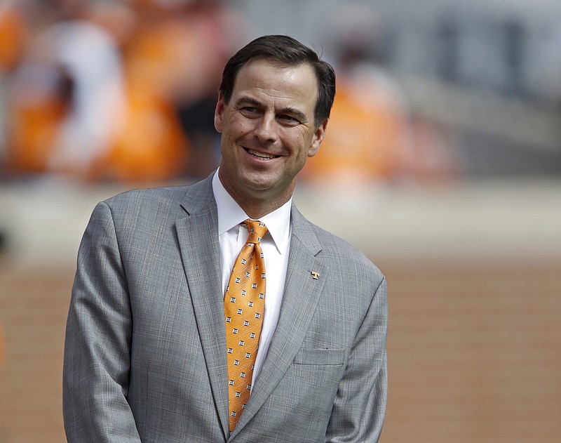 Tennessee athletic director, John Currie, is seen before an NCAA college football game Saturday, Oct. 14, 2017, in Knoxville, Tenn. (AP Photo/Wade Payne)