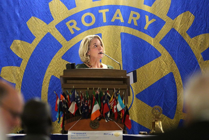 Chancellor Flora Tydings, Tennessee Board of Regents, speaks about the Tennessee Promise at the Rotary Club of Chattanooga at the Chattanooga Convention Center Thursday, Nov. 2, 2017, in Chattanooga, Tenn. Tennessee Promise provides Ҭast dollarsӠscholarships to high school graduates wanting to attend two-year state community colleges or colleges of applied technology. The scholarship increased the number of first-time, full-time students attending college. The first cohort of Tennessee Promise students has had a success rate of 56.2 percent, compared to the national average of just 17 percent, according to Tydings.