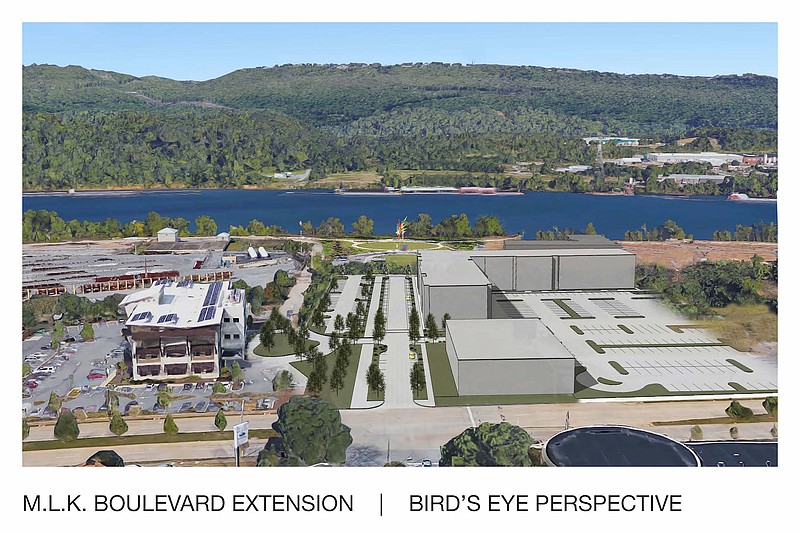 This rendering shows the area where M.L. King Boulevard is proposed to be extended across Riverfront Parkway to a Tennessee Riverwalk trailhead.