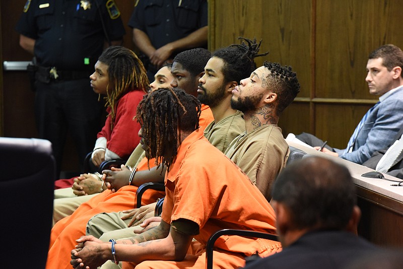 Inmates listen to proceedings in Judge Barry Steelman's courtroom recently.