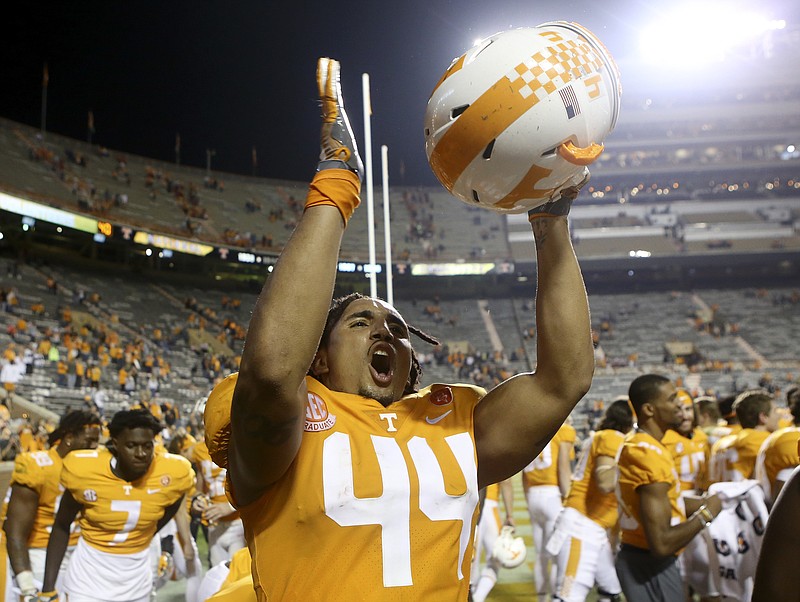 Tennessee tight end Jakob Johnson (44) cheers after the Vols' 24-10 homecoming victory over Southern Mississippi in Neyland Stadium.