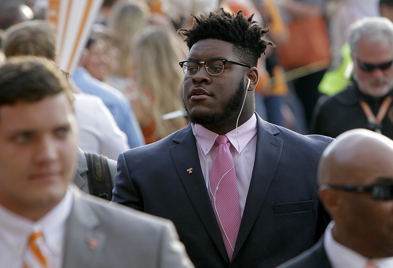 Tennessee offensive lineman Trey Smith takes part in the Vol Walk before an NCAA football game between Tennessee and Southern Mississippi at Neyland Stadium on Saturday, Nov. 4, 2017 in Knoxville, Tenn.