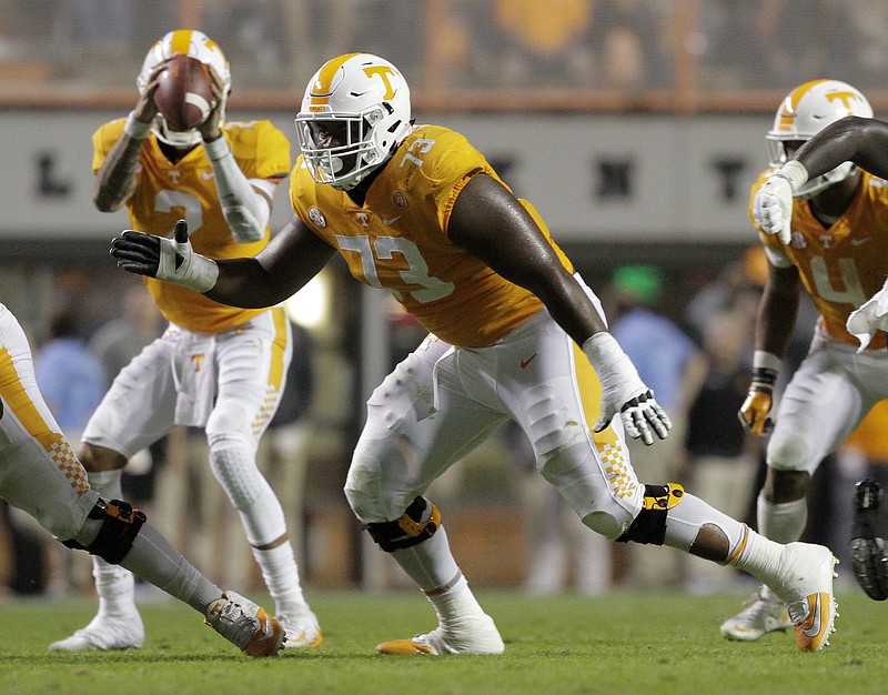Tennessee offensive lineman Trey Smith (73) gets off the line after a snap during a home game against Southern Mississippi on Nov. 4, 2017.