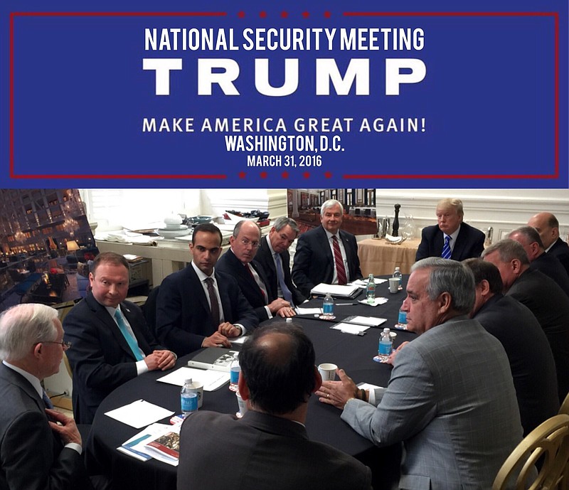 In this photo from President Donald Trump's Twitter account posted on March 31, 2016, George Papadopoulos, third from left, sits at a table with then-candidate Trump, Jeff Sessions and others at what is labeled as a national security meeting in Washington. Papadopoulos, a former Trump campaign aide has risen to a pivotal place in special counsel Robert Mueller's Russia meddling probe. (Donald Trump's Twitter account via AP)