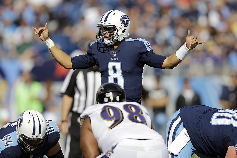 Tennessee Titans quarterback Marcus Mariota calls a play at the line during Sunday's home win against the Baltimore Ravens.