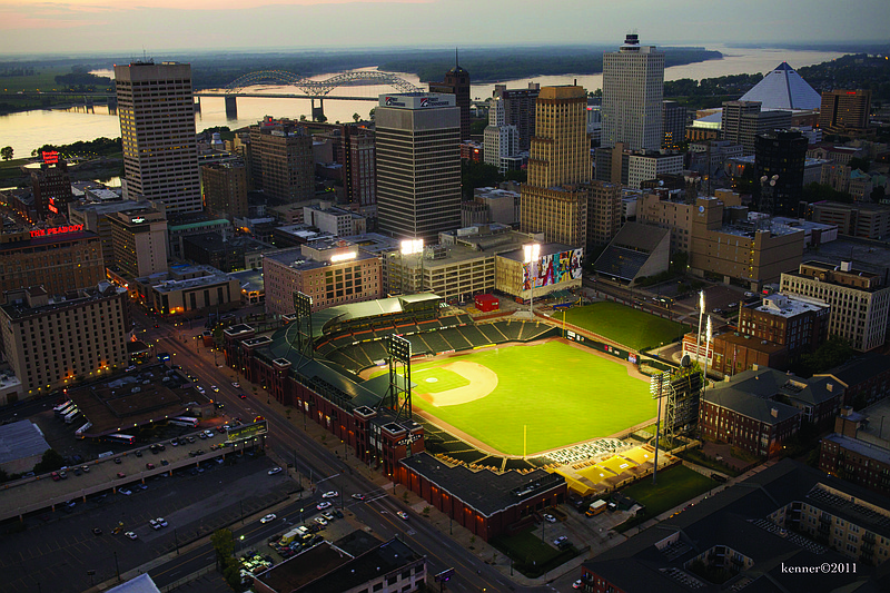 Aerial view of downtown Memphis and AutoZone Park.