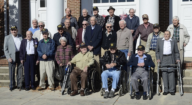 Twenty-three area World War II veterans gather in 2013 on the steps of Soddy-Daisy First Baptist Church for a group photograph. The church hosts a free meal for veterans each year around Veterans Day, and this year's event is Saturday, Nov. 11 from 11:30 a.m. to 2 p.m. (Staff file photo)