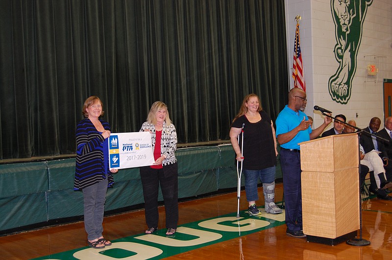 Loftis Middle School holds a ceremony announcing its designation as a PTA School of Excellence. It was one of only two schools in Tennessee to receive the designation, the other being Allen Elementary. "As a feeder school for Loftis, we work with Allen often and we are thrilled that our schools were both able to accomplish this at the same time," said Loftis PTA president Christy Carroll Highfill. (Contributed photo by Jana Clemons)