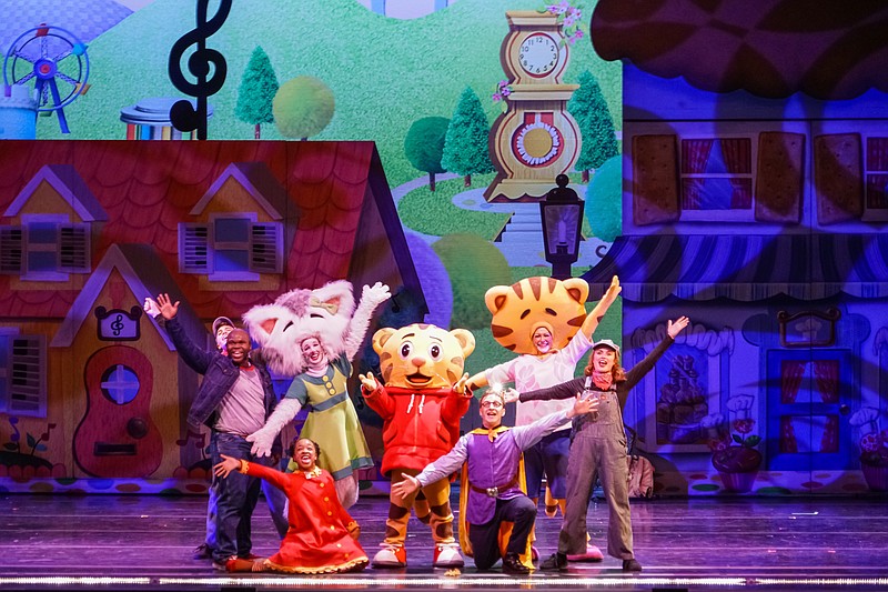 Daniel Tiger, center wearing red shirt, with some of his friends in "Daniel Tiger's Neighborhood Live: King for a Day!" (Photo by Alabastro Photography)
