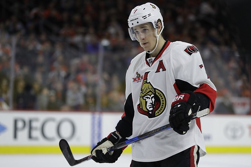 This March 28, 2017 photo shows Ottawa Senators' Kyle Turris in action during an NHL hockey game against the Philadelphia Flyers in Philadelphia. The Colorado Avalanche have traded Matt Duchene, sending him to the Ottawa Senators in a pair of deals that left Turris with the Nashville Predators. The Avalanche and Senators announced the trades after Duchene left Colorado's game at the New York Islanders midway through the first period on Sunday, Nov. 5, 2017. (AP Photo/Matt Slocum)