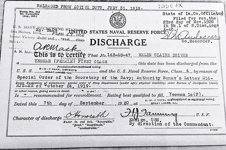 The World War I discharge certificate for Helen Claire Driver, grandmother of Tennessee Aquarium director of external affairs Thom Benson, is shown.