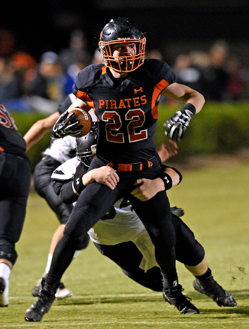 South Pittsburg's Sawyer Kelley (22) struggles ahead.  The Lookout Valley Yellow Jackets visited the South Pittsburg Pirates inTSSAA football matchup on October 26, 2017. 