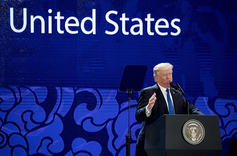 U.S. President Donald Trump speaks at the Asia-Pacific Economic Cooperation (APEC) CEO Summit at the Aryana Convention Center, Friday, Nov. 10, 2017, in Danang, Vietnam. Trump is on a five country trip through Asia traveling to Japan, South Korea, China, Vietnam and the Philippines. (AP Photo/Andrew Harnik)