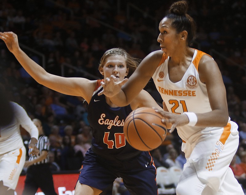 Tennessee's Mercedes Russell (21) drives to the basket against Carson Newman's Jecca Simerly (4) during an NCAA college exhibition basketball game, Tuesday, Nov. 7, 2017 in Knoxville, Tenn. (Daryl Sullivan/The Daily Times via AP)