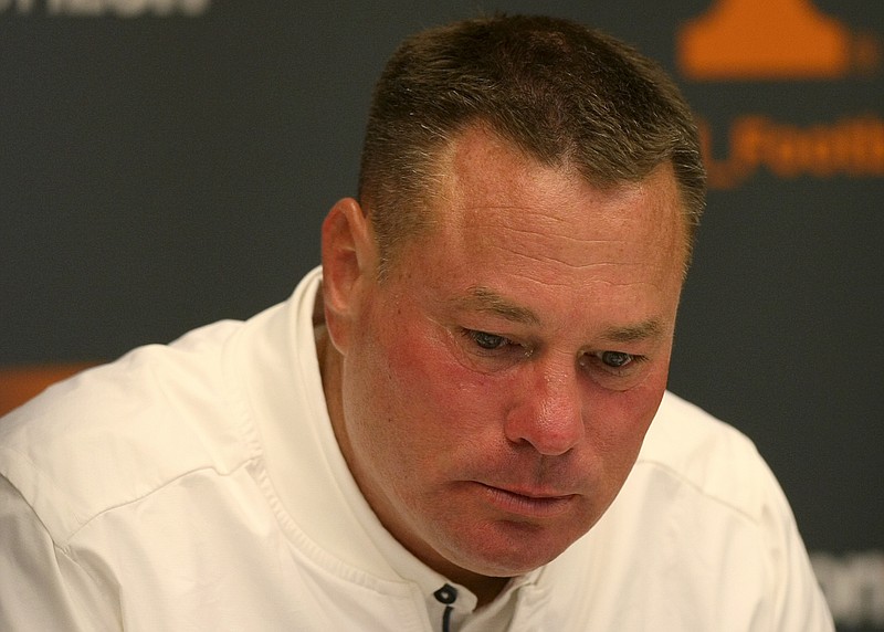 Tennessee head coach Butch Jones gets up to leave after his postgame press conference after losing to South Carolina 15-9 at Neyland Stadium on Saturday, Oct. 14, in Knoxville, Tenn.