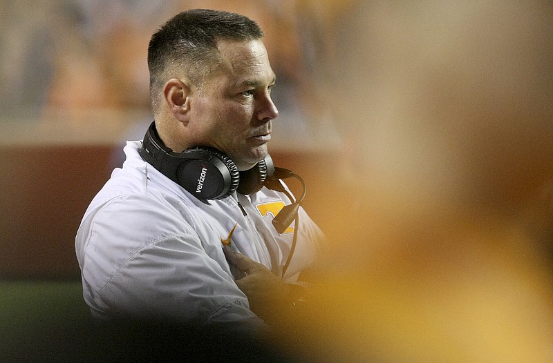 Tennessee head coach Butch Jones looks on during a media timeout during an NCAA football game between Tennessee and Southern Mississippi at Neyland Stadium on Saturday, Nov. 4, 2017 in Knoxville, Tenn.