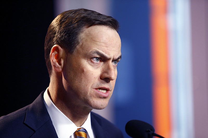 University of Tennessee Athletic Director, John Currie speaks during a press conference announcing the firing of head football coach, Butch Jones, Sunday, Nov. 12, 2017, in Knoxville, Tenn. (Wade Payne/Knoxville News Sentinel via AP)