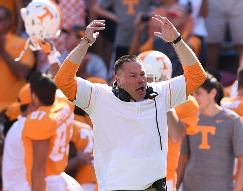 Butch Jones cheers after Ty Chandler returned the opening kickoff for a touchdown. The Indiana State Sycamores visited the University of Tennessee Volunteers at Neyland Stadium in NCAA football action of September 9, 2017.