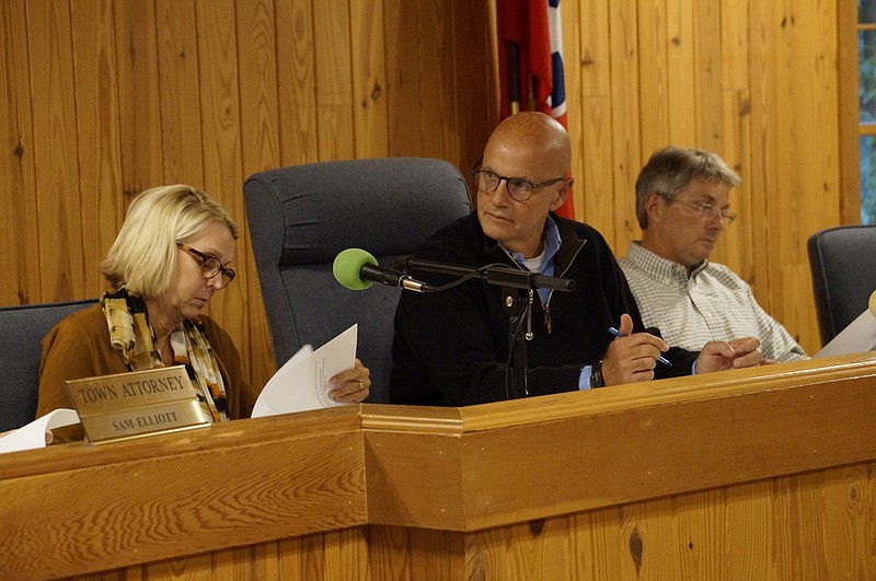 Sarah McKenzie, Mayor Bill Trohanis and Lee Davis, from left, preside over a Walden town hall meeting. Officials addressed concerns about traffic during a similar meeting last month. (Staff photo by Myron Madden)