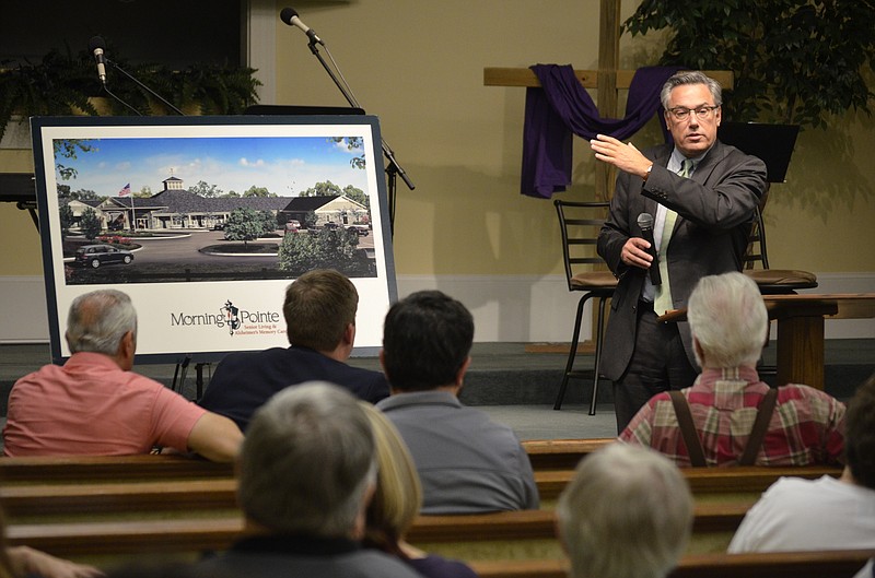 Initial design concepts for the proposed senior housing community show a one-story assisted living facility, one-story Alzheimer's memory care center, and two-story senior living facility. Plans may see some change as discussions continue. (Staff photo by Myron Madden)