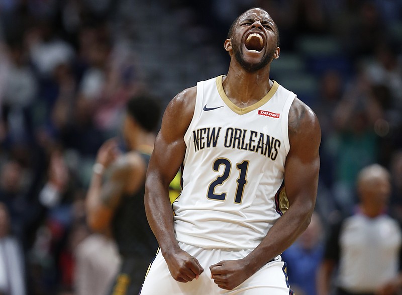 New Orleans Pelicans forward Darius Miller celebrates after scoring a 3-pointer against the Atlanta Hawks during the second half of an NBA basketball game in New Orleans, Monday, Nov. 13, 2017. The Pelicans won 106-105. (AP Photo/Tyler Kaufman)