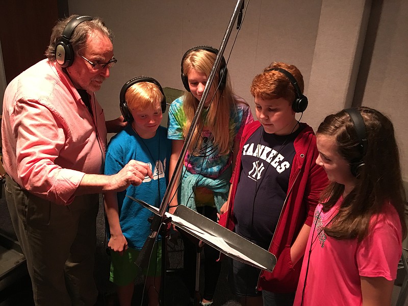 Recording the concert version of "The Tailor of Gloucester" are music composer Michael Huseman, left, with actors Alex Champion, MaKayla Petriccione, Zachary Huseman and Lauren Hayes.