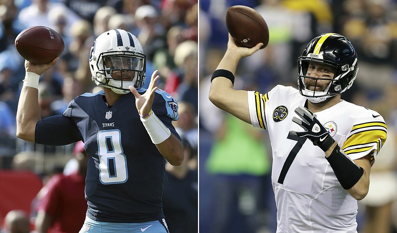 At left, in a Nov. 5, 2017, file photo, Tennessee Titans quarterback Marcus Mariota (8) looks to throw a pass against the Baltimore Ravens during an NFL football game in Nashville, Tenn. At right, in a Nov. 12, 2017, file photo, Pittsburgh Steelers quarterback Ben Roethlisberger (7) throws against the Indianapolis Colts during the first half of an NFL football game in Indianapolis. Stylistically, the Steelers may be the most unimpressive 7-2 team in the NFL. It's a problem the AFC North leaders can live with, though they will be tested on Thursday against Tennessee (6-3). The Titans have won four straight and can send a message they're a legitimate threat. (AP Photo/File)