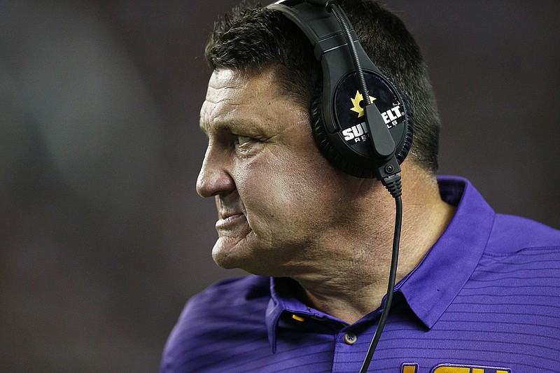 LSU head coach Ed Orgeron looks on during the first half of an NCAA college football game against Alabama, Saturday, Nov. 4, 2017, in Tuscaloosa, Ala. (AP Photo/Brynn Anderson)